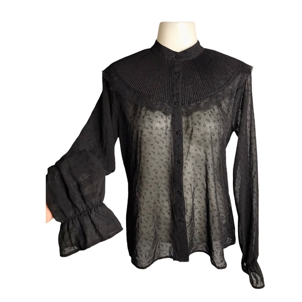 Zara | Black Sheer Dot Button Down Blouse Pleated Neck Detail Statement Shirt•